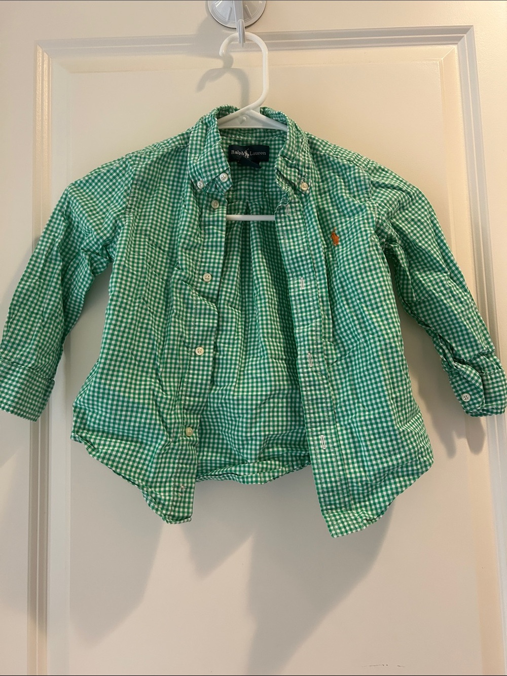 Ralph Lauren Green Gingham Button-Down Shirt long sleeve embroider logo size 3T